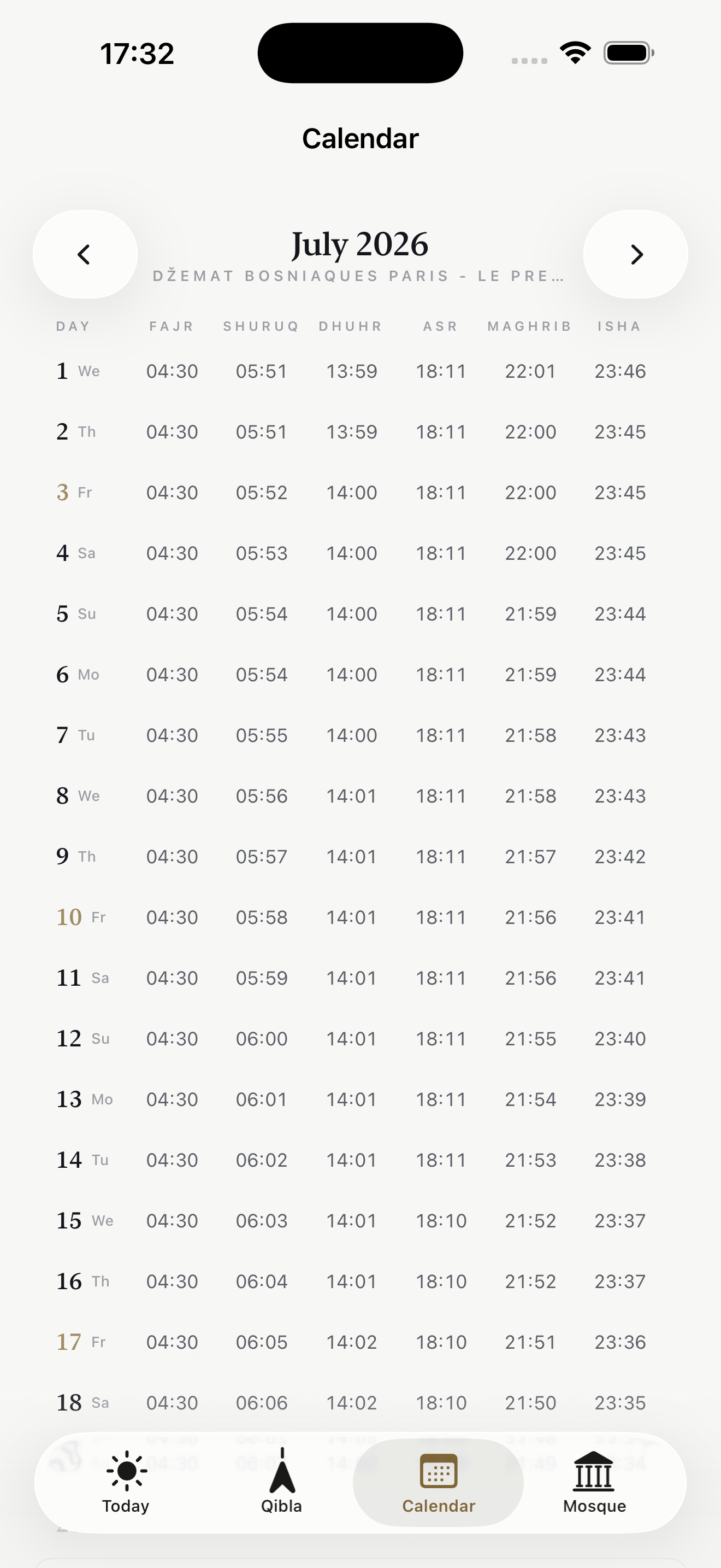 Durri Calendar screen showing the full annual prayer timetable for July